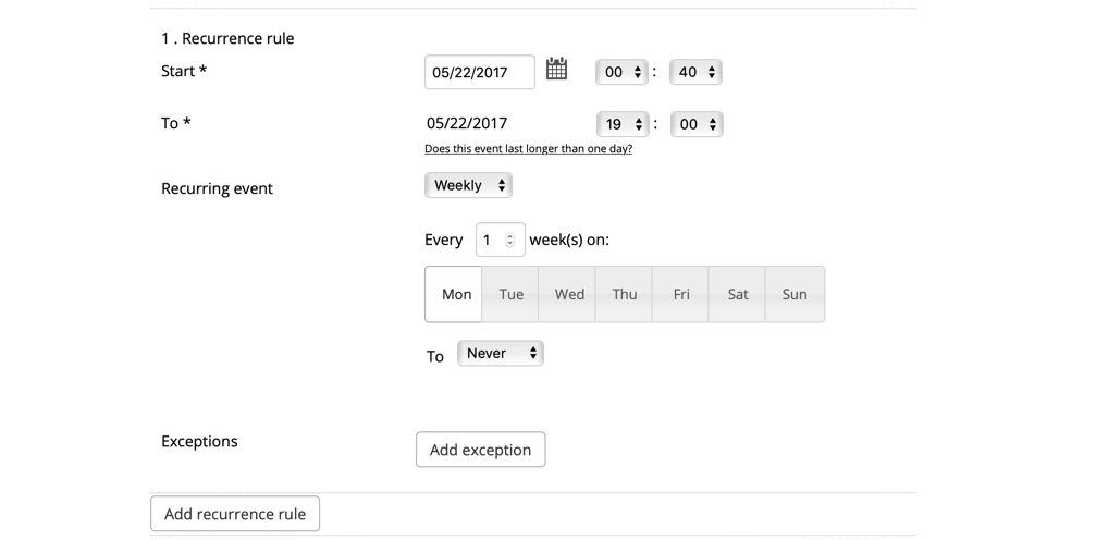 screenshot of the Hotel MSSNGR backend with recurring events